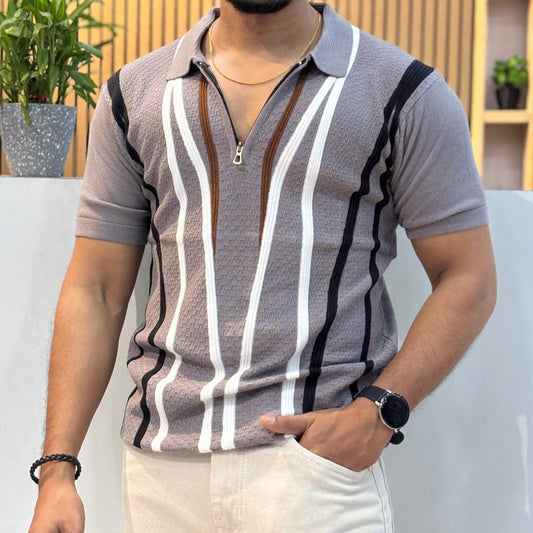 Polo Knit Cotton Blend Striped T-shirt Grey