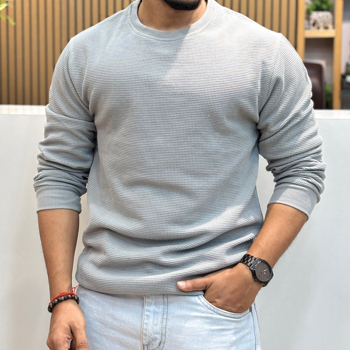 Waffle Full-Sleeve Crew Neck T-Shirt