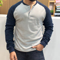 Raglan Ribbed Henley T-Shirt - Grey