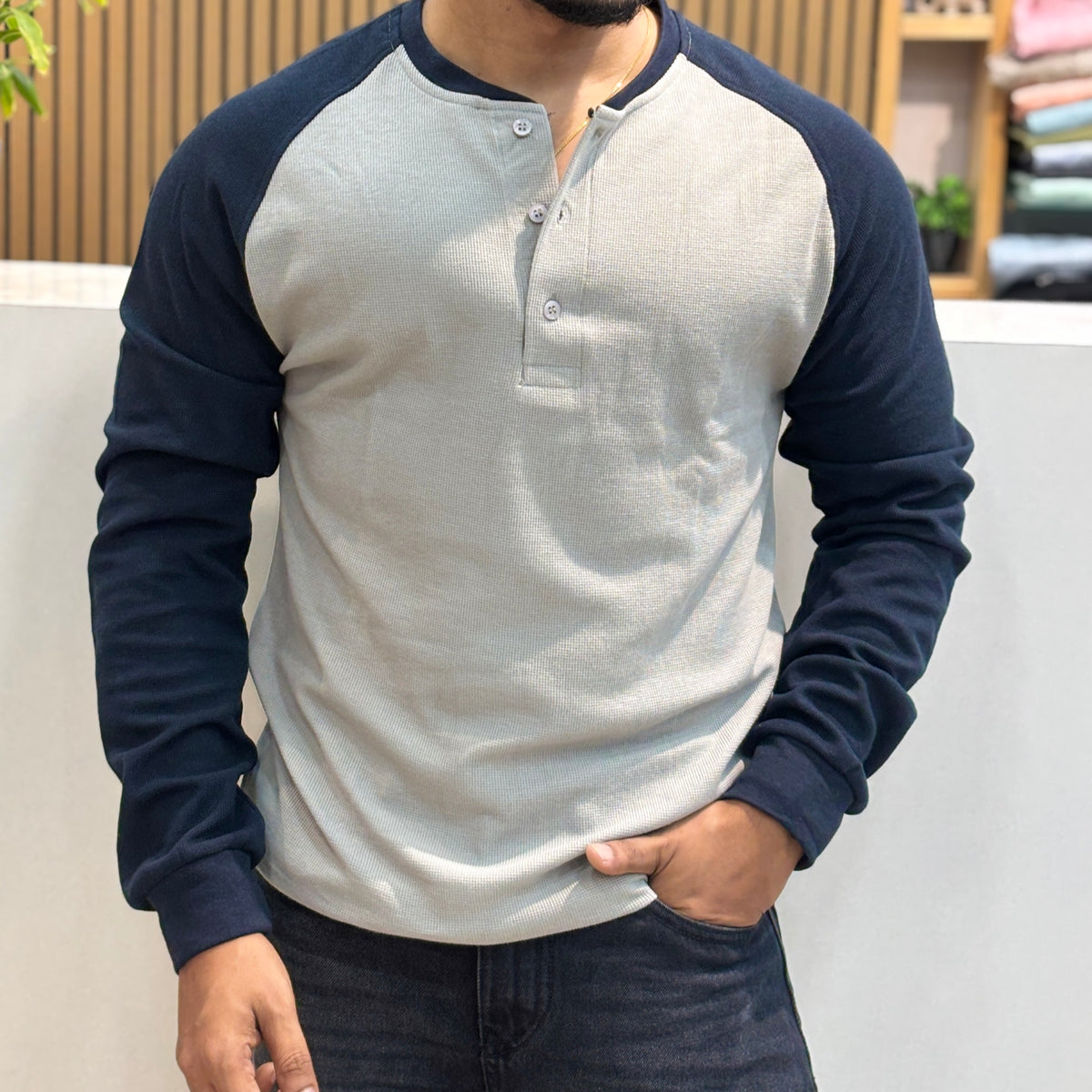 Raglan Ribbed Henley T-Shirt - Grey