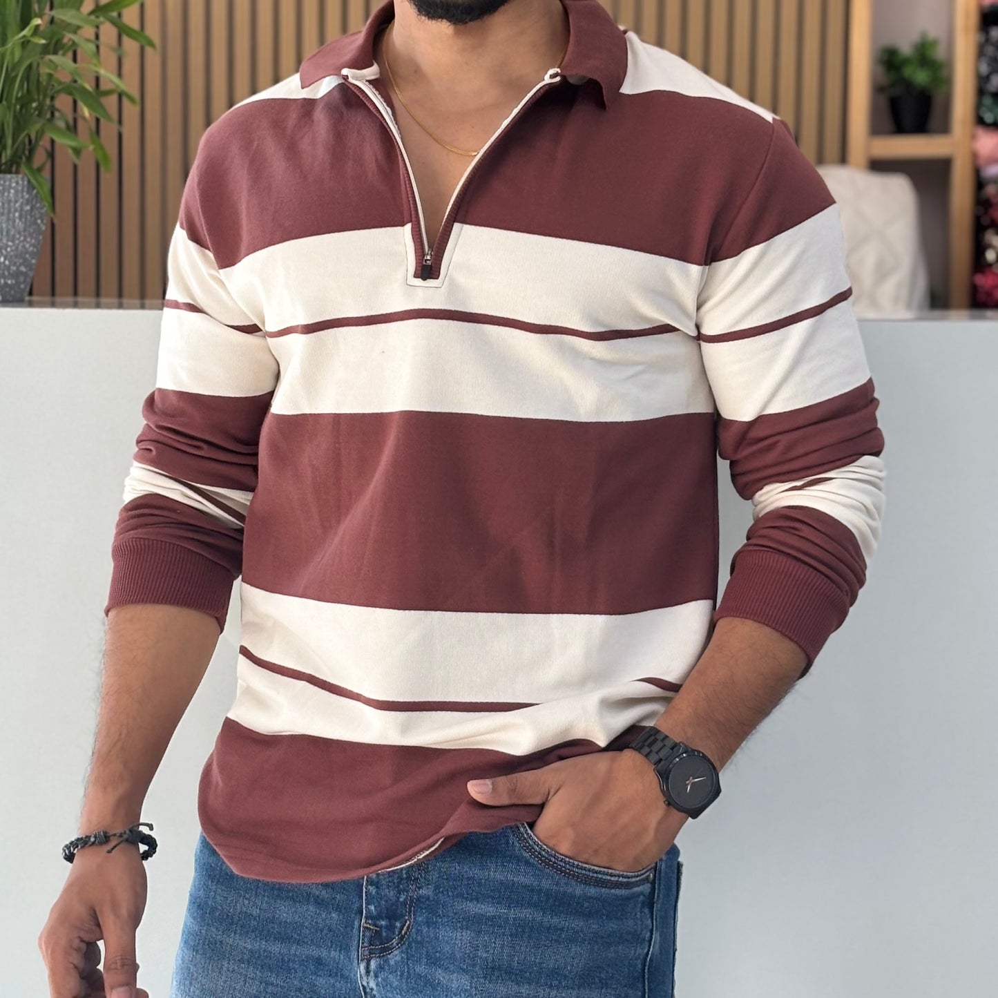 Striped Polo Collar Cotton T-shirt