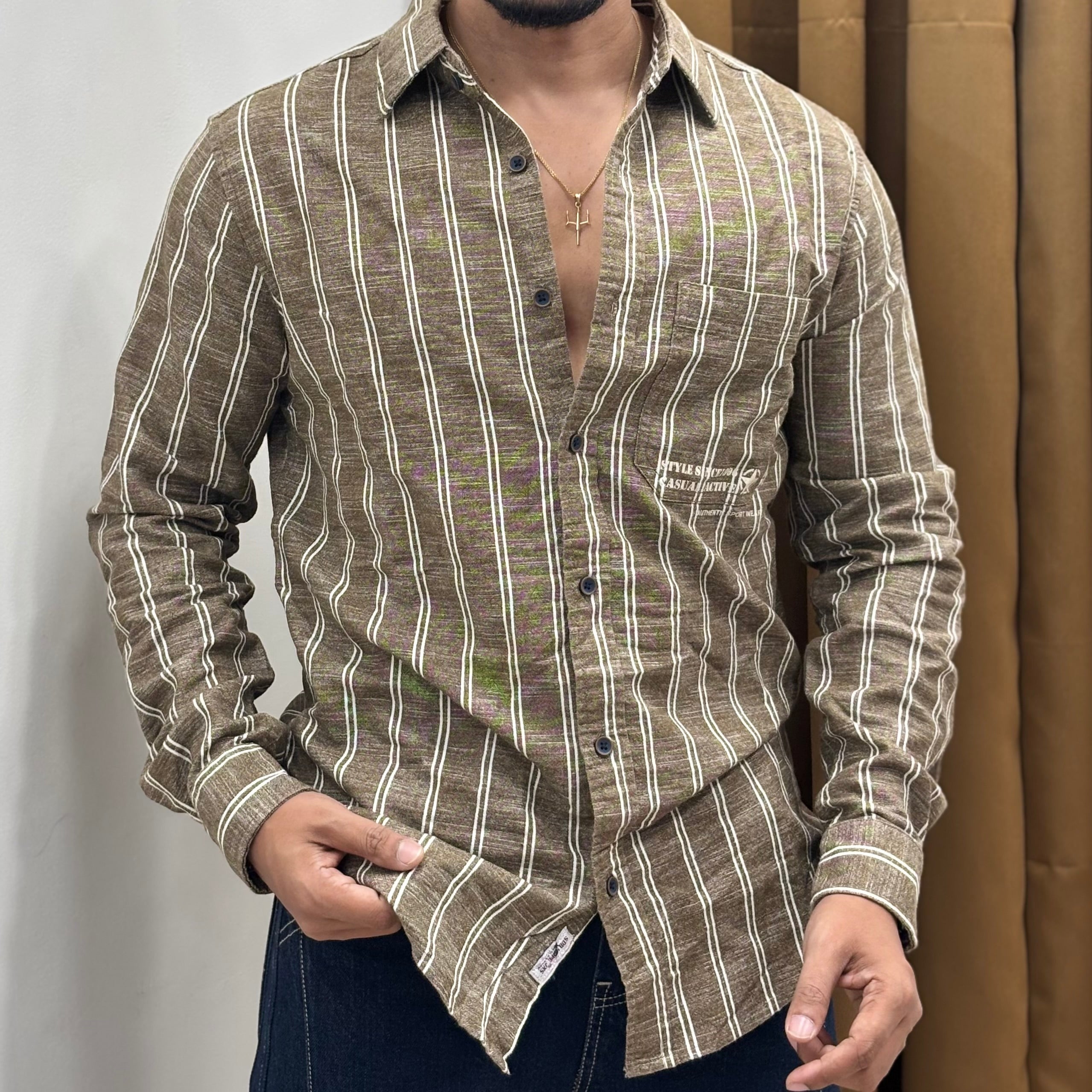 Taupe Brown Vertical Stripe Shirt
