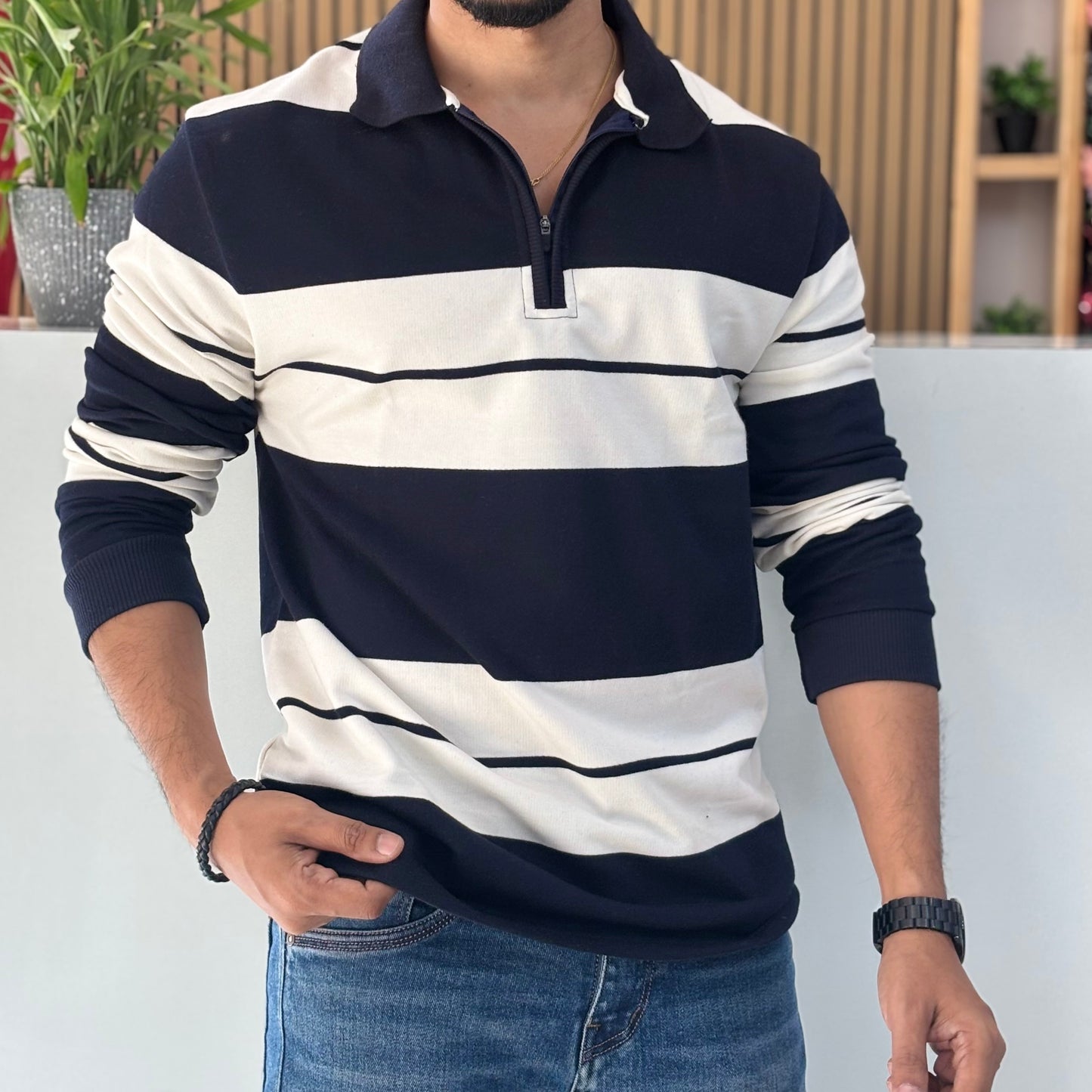 Striped Polo Collar Cotton T-shirt Navy Blue