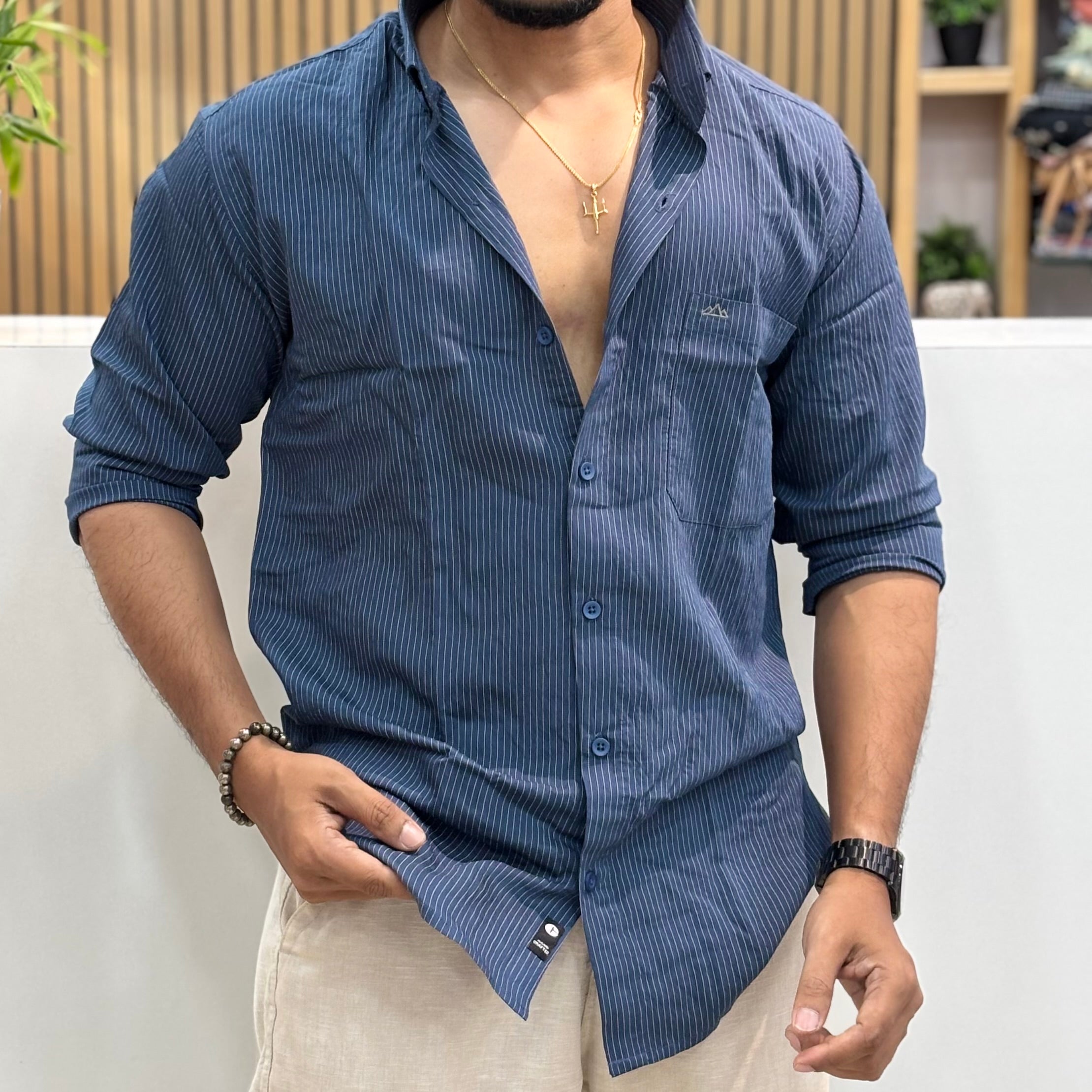 Classic Blue Vertical Stripe Shirt for Men