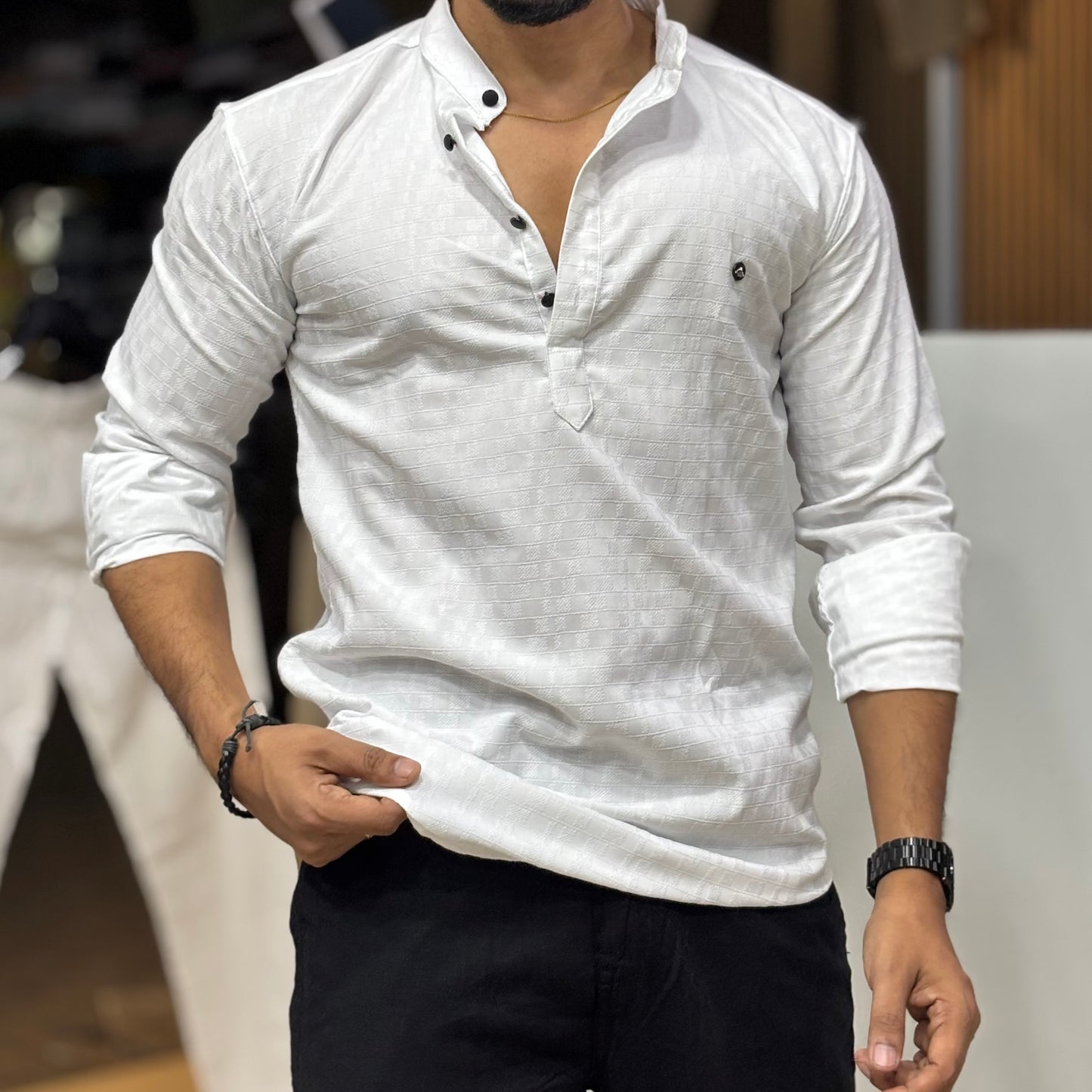 White Self Texture Short Kurta