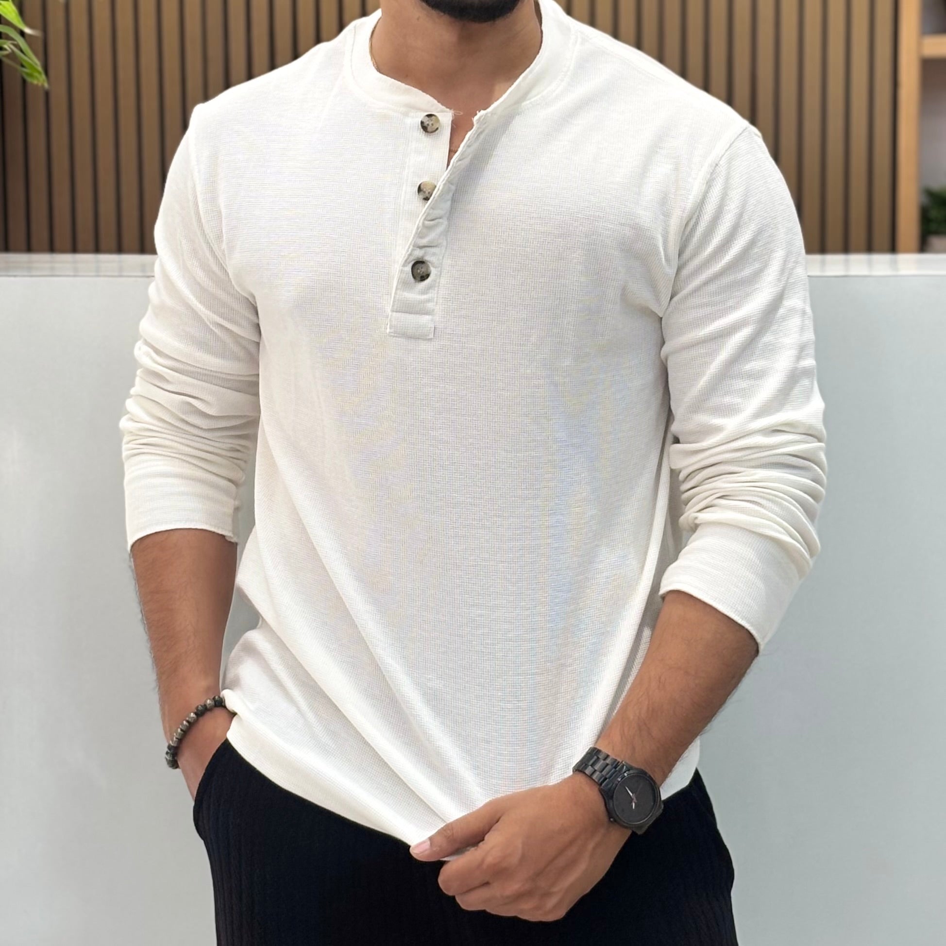 Henley Neck Regular Fit Pure Cotton T-shirt - White