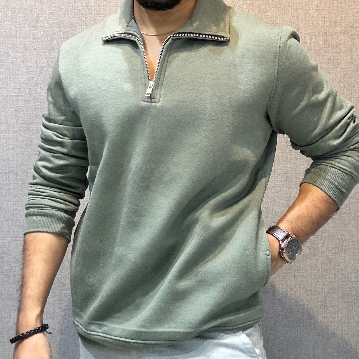 Polo Zipper Full Sleeve Sage Green Sweatshirt