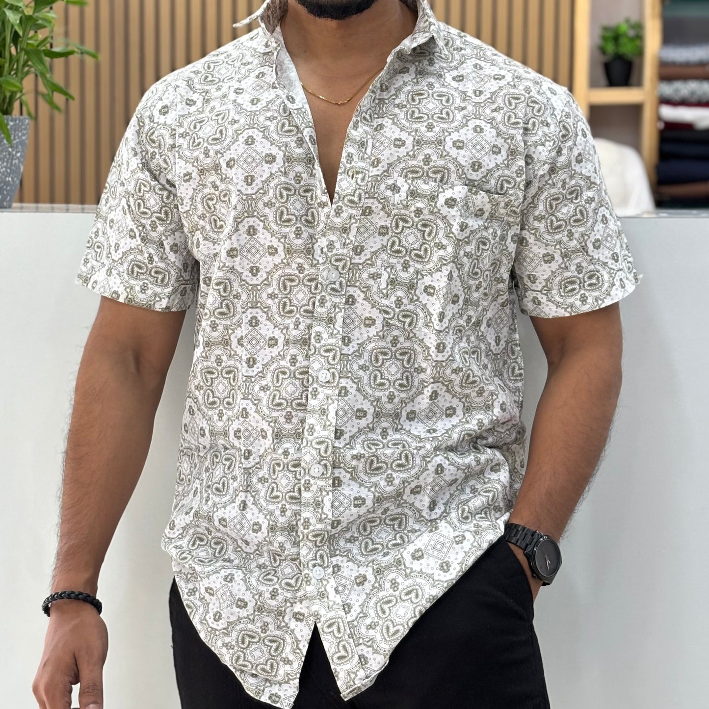 Half Sleeve Cotton Printed Shirt Olive