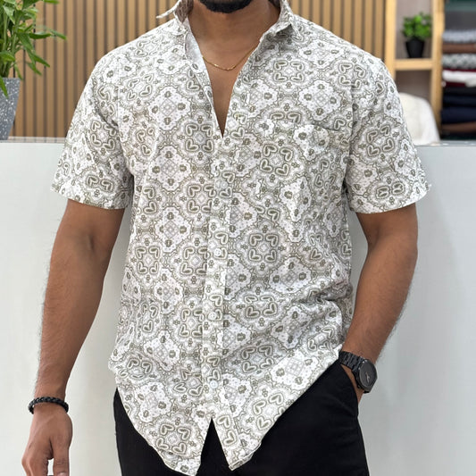 Half Sleeve Cotton Printed Shirt Olive