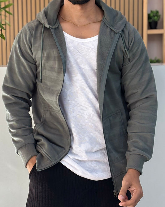 Green Zip Detail Hooded Front-Open Sweatshirt