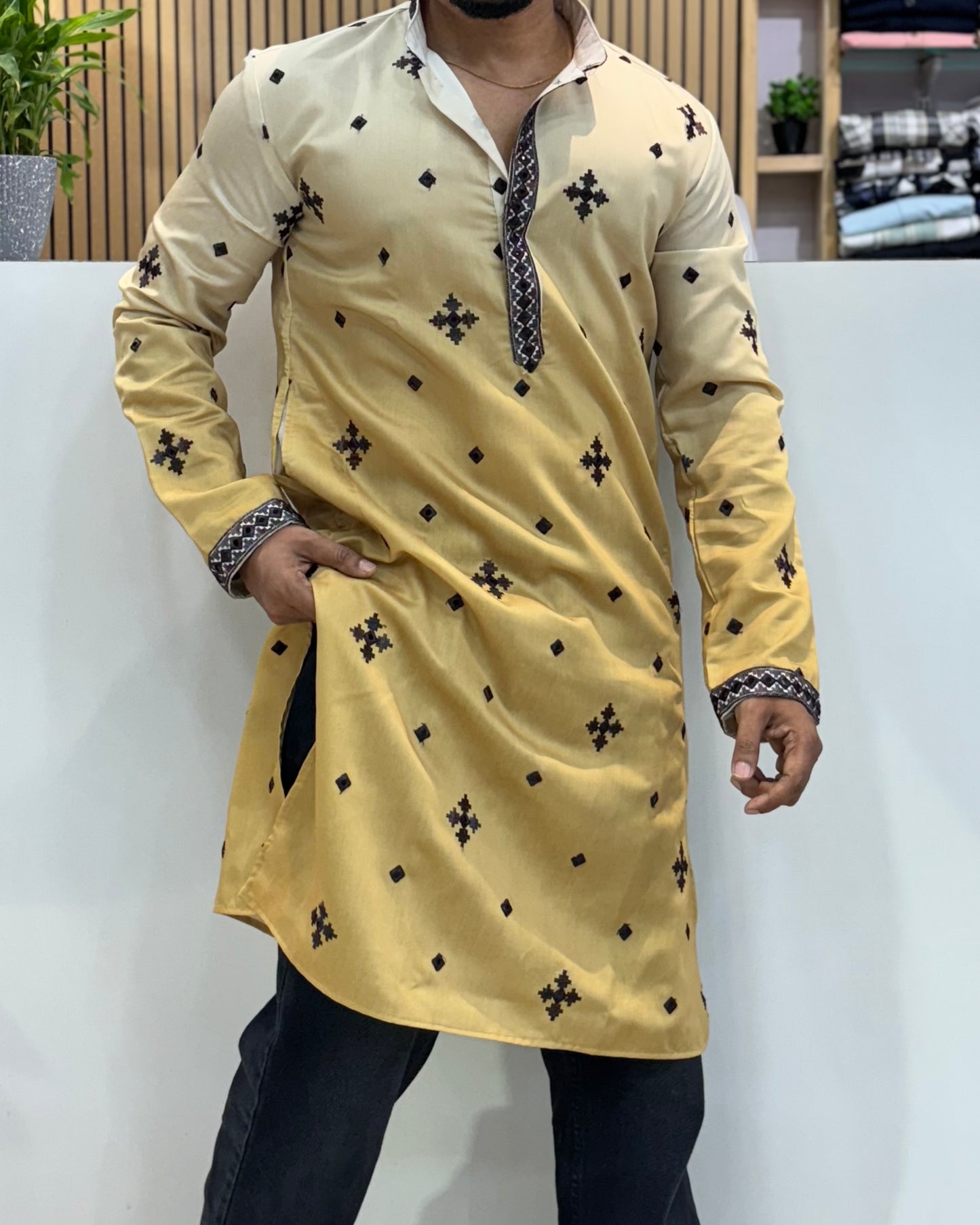 Premium Dual-Tone Embroidery Kurta Lemon