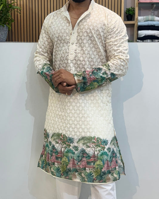 Cotton Kurta With Crochet & Heritage Scenic Digital Print