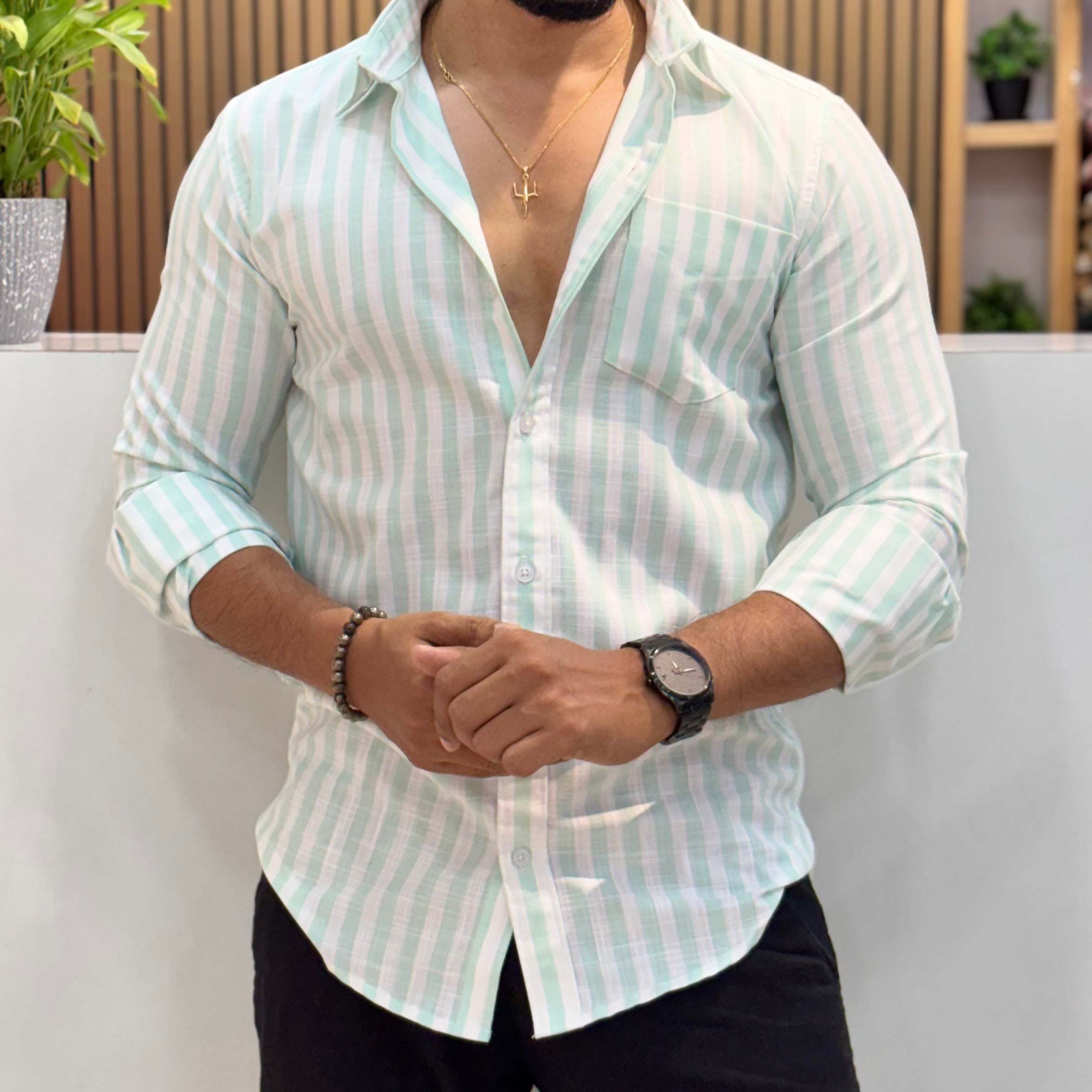 Premium Stripe Cotton Shirt - Mint Green