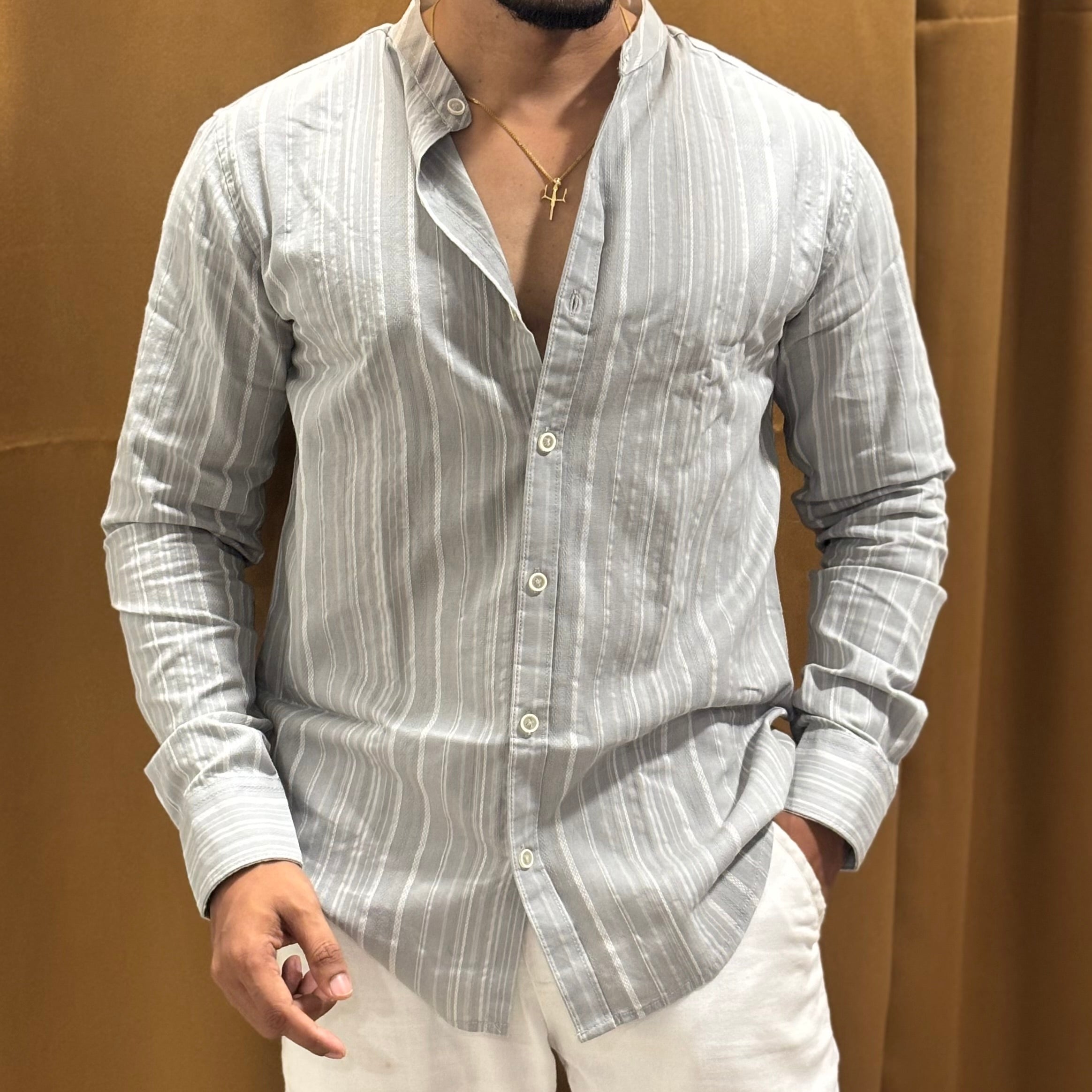 Stripe Mandarin Collar Shirt