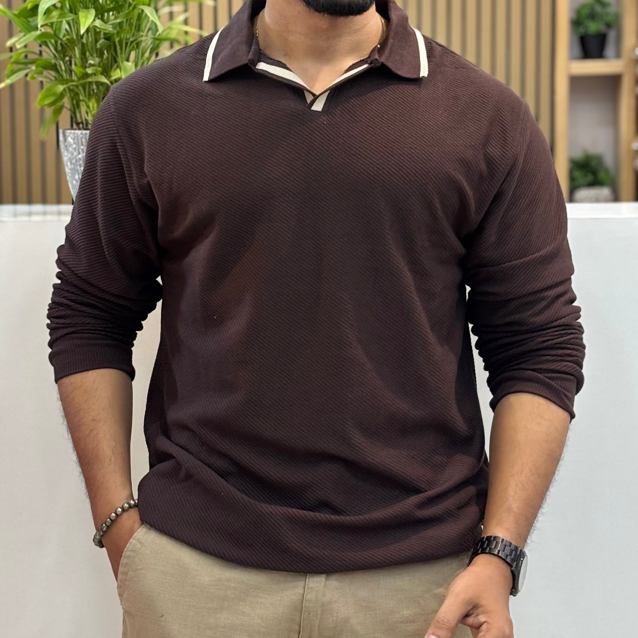 Textured Open-Placket Polo T-shirt