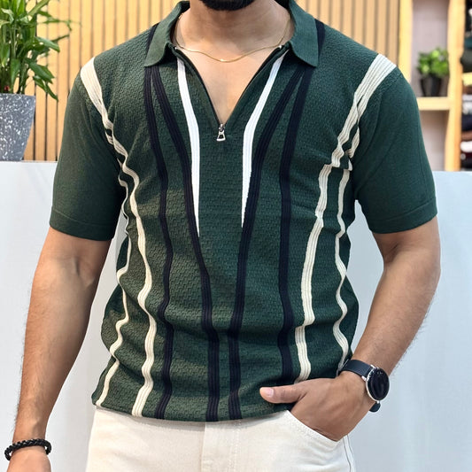 Polo Knit Cotton Blend Striped T-shirt Green