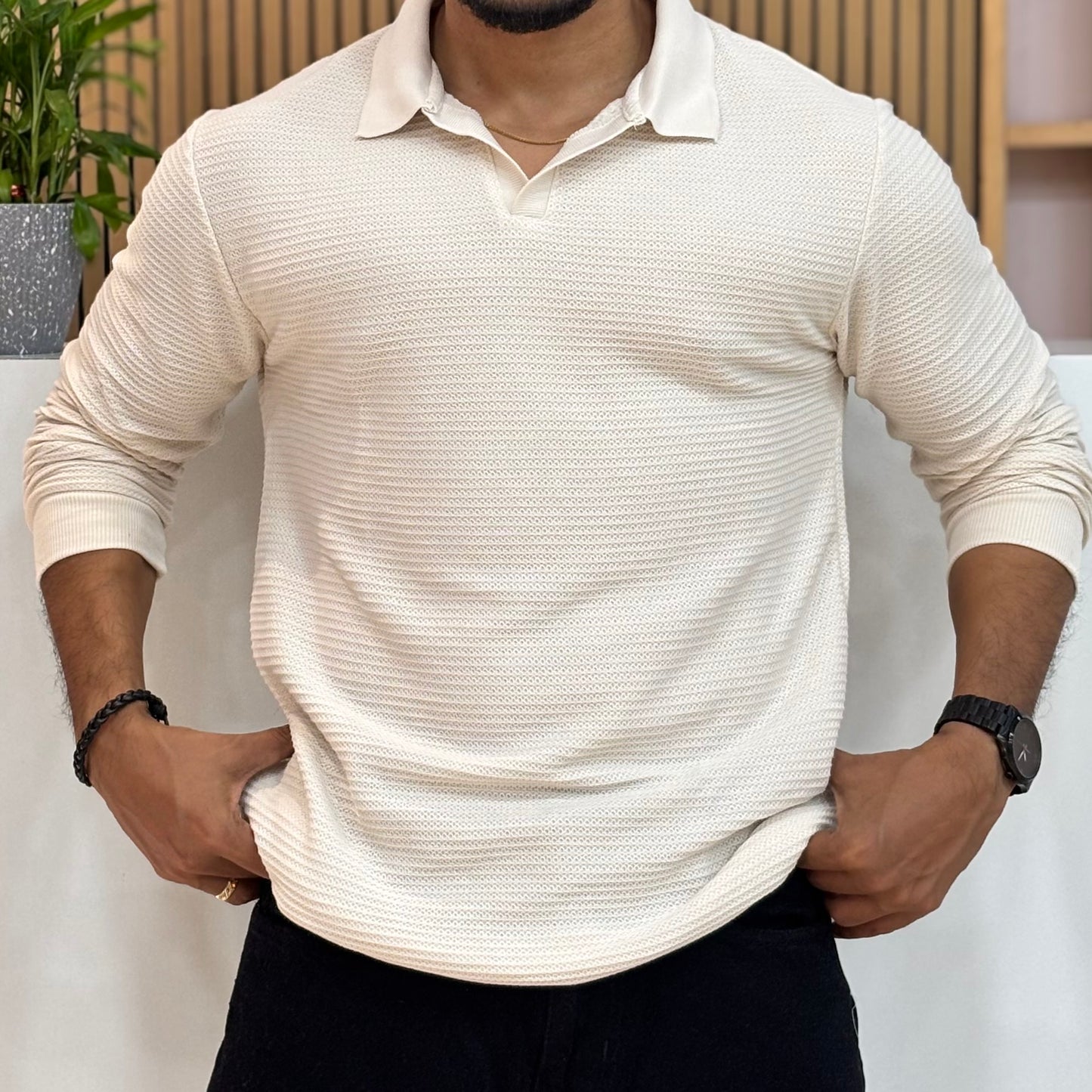 Full Sleeve Cream Polo T-Shirt