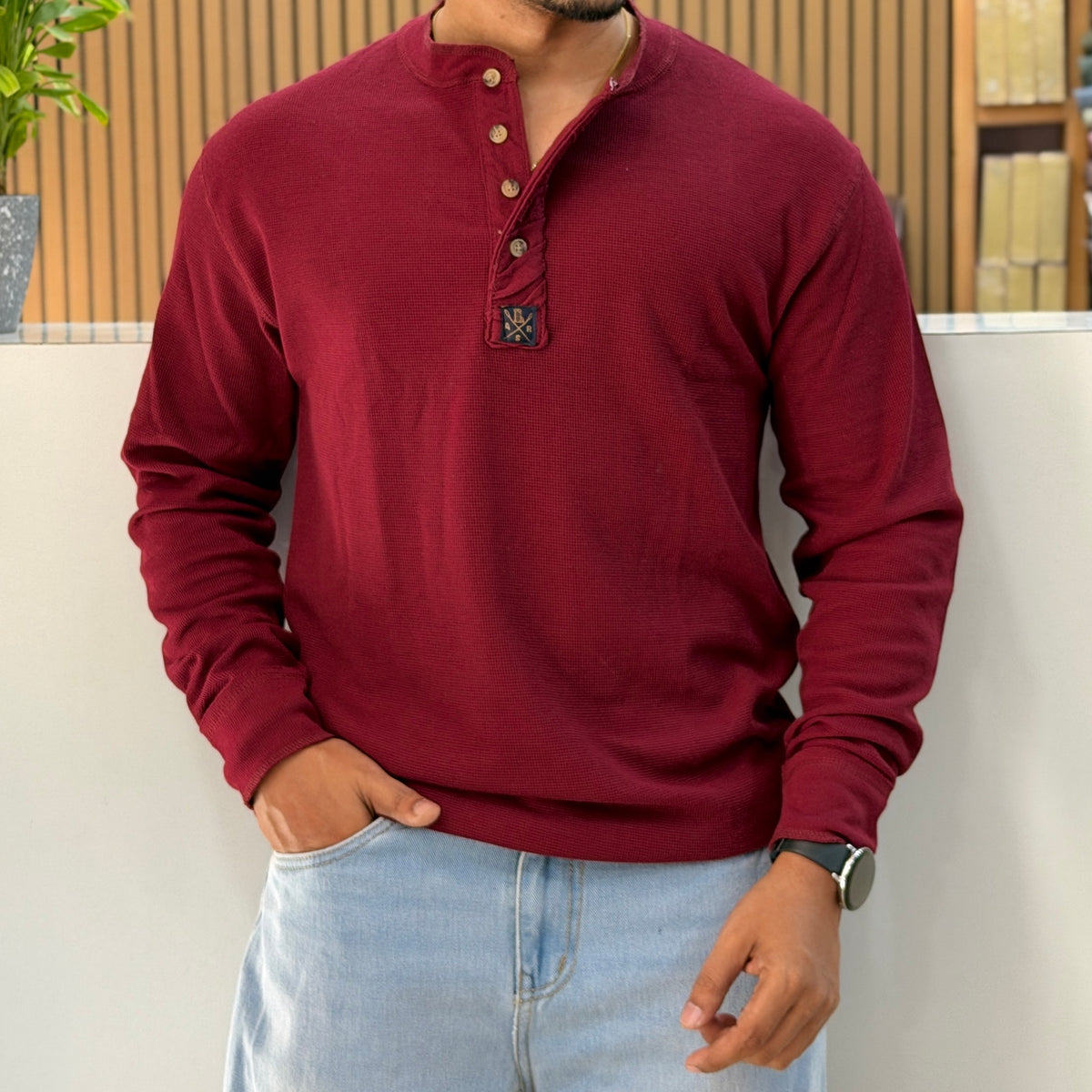 Henley Neck Regular Fit Pure Cotton T-shirt - Wine
