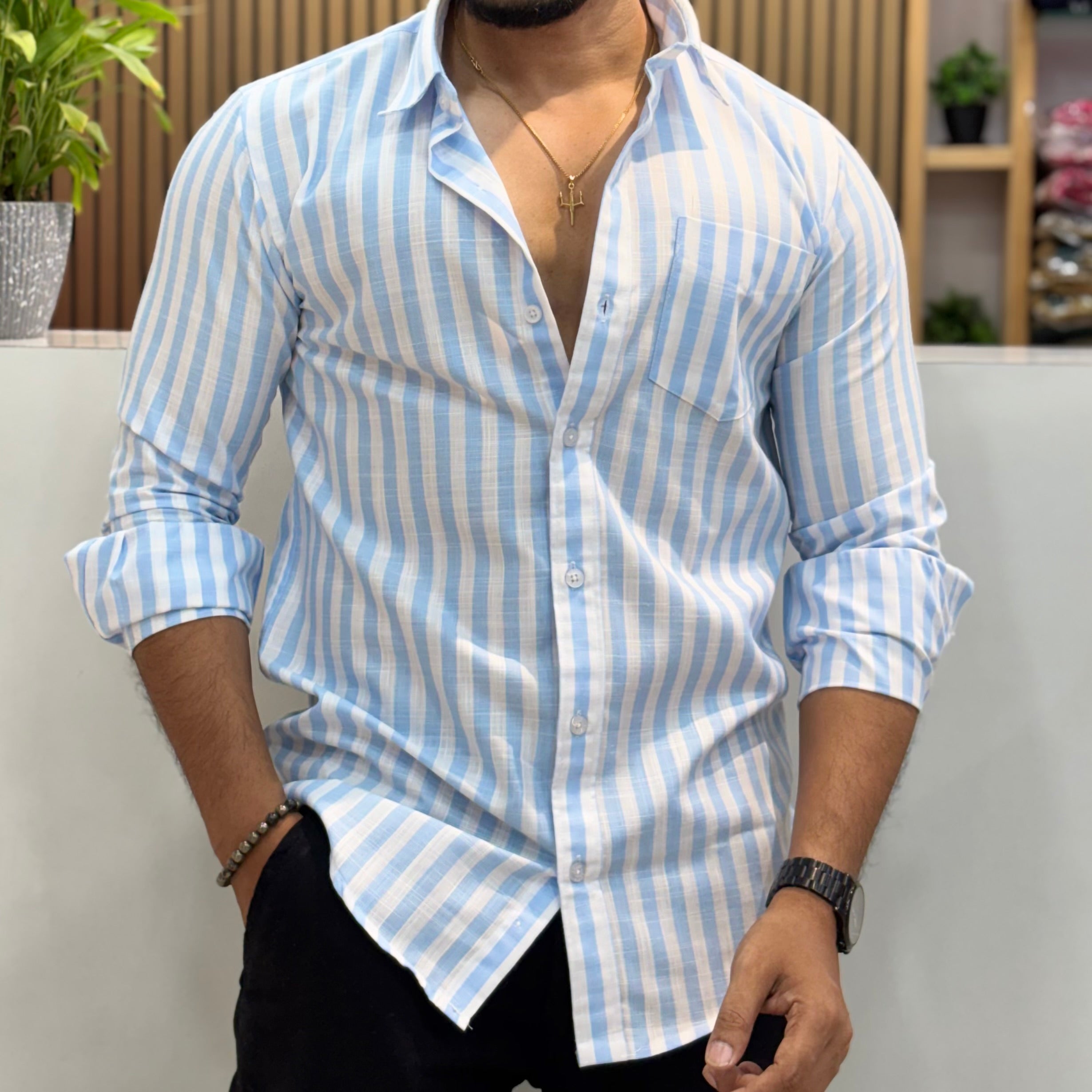 Premium Stripe Cotton Shirt - Powder Blue