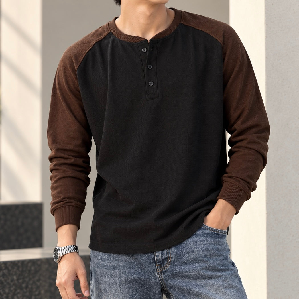 Raglan Ribbed Henley T-Shirt - Black