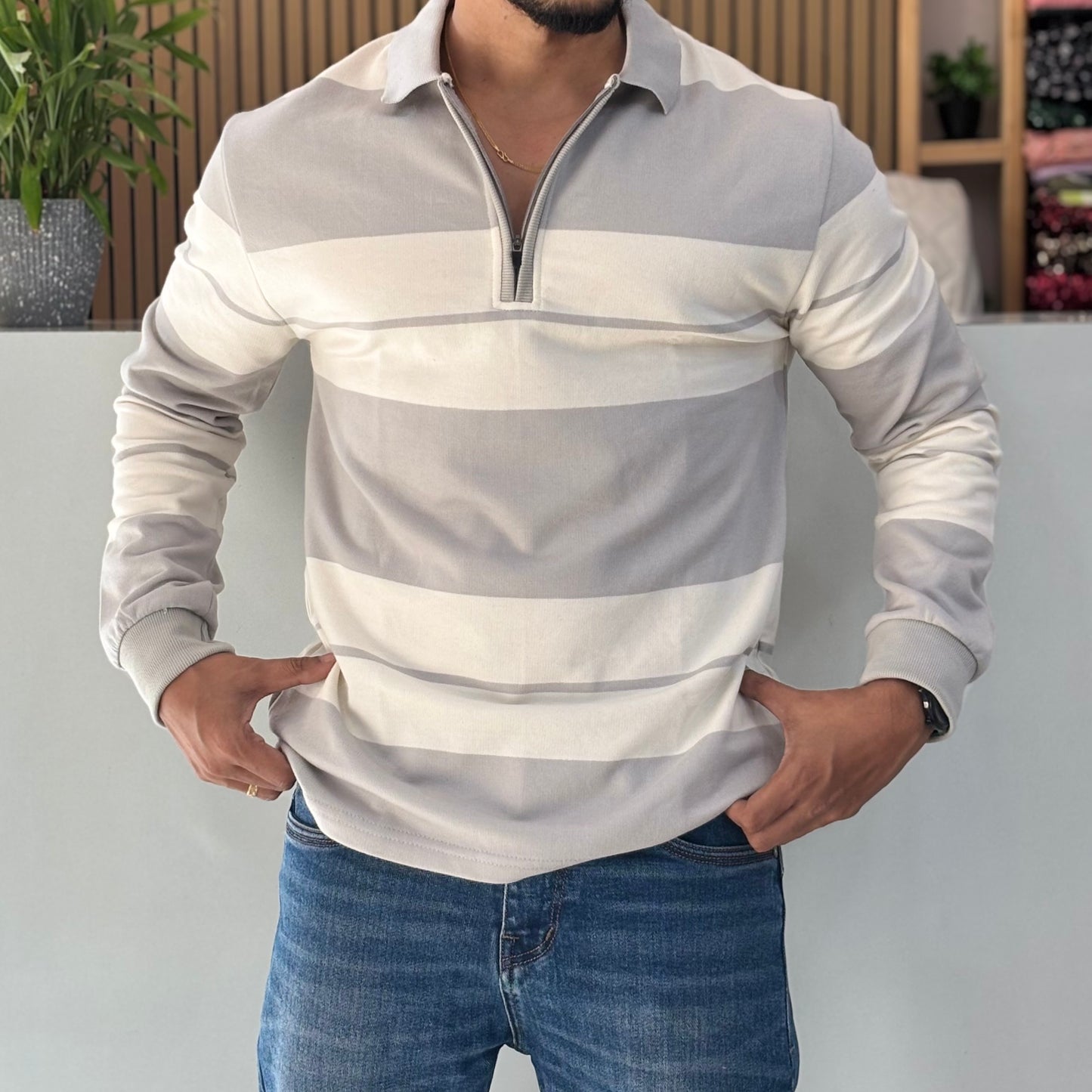 Striped Polo Collar Cotton T-shirt Grey