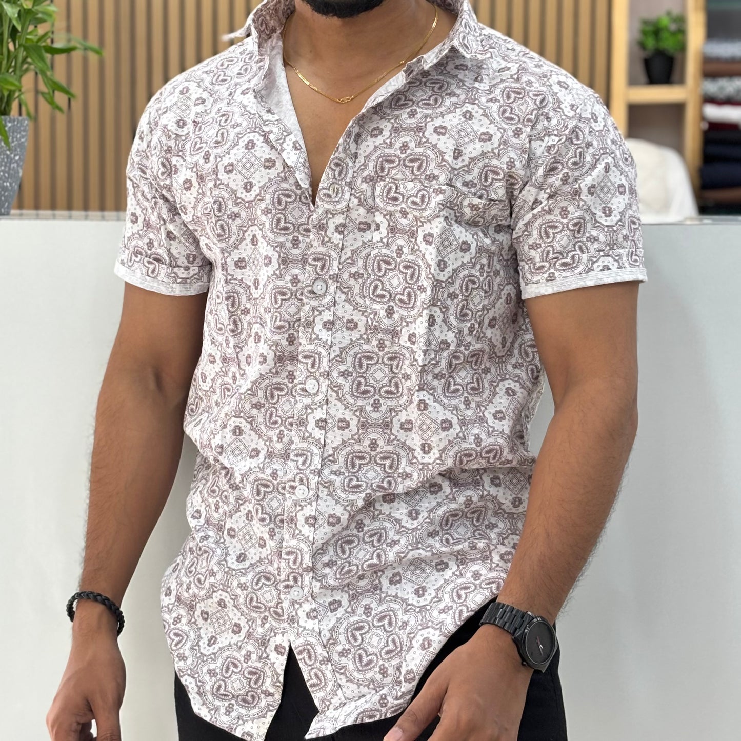 Half Sleeve Cotton Printed Shirt Plum