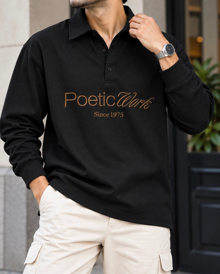 Embroidered Waffle Boxy Fit Polo - Black