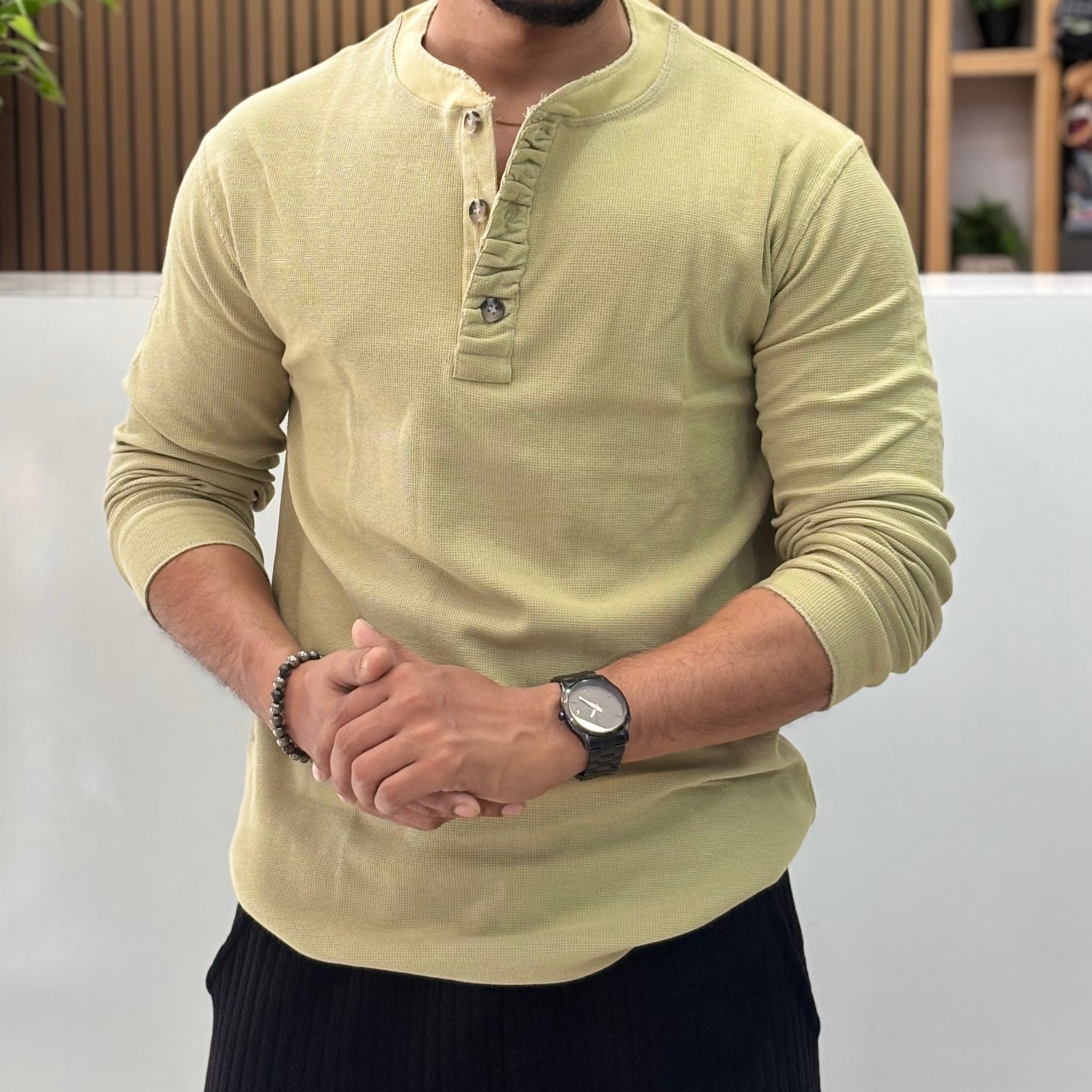 Henley Neck Regular Fit Pure Cotton T-shirt - Pistachio