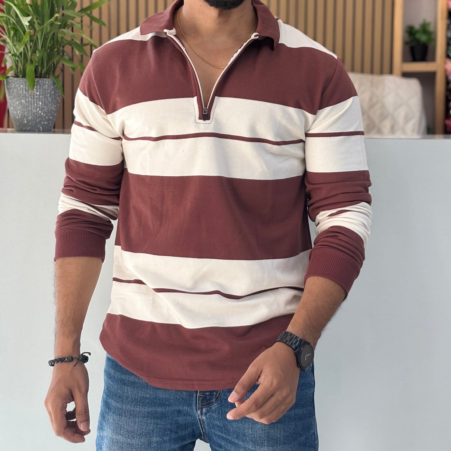 Striped Polo Collar Cotton T-shirt