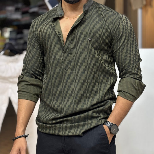 Green Self Texture Short Kurta