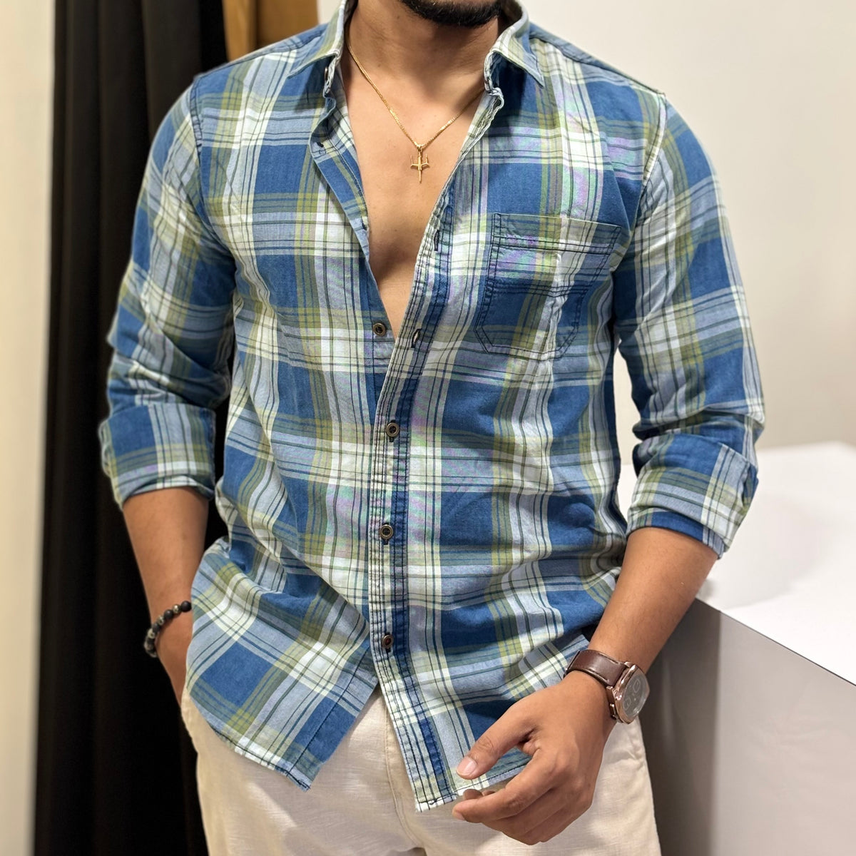 Indigo Plaid Casual Shirt Green