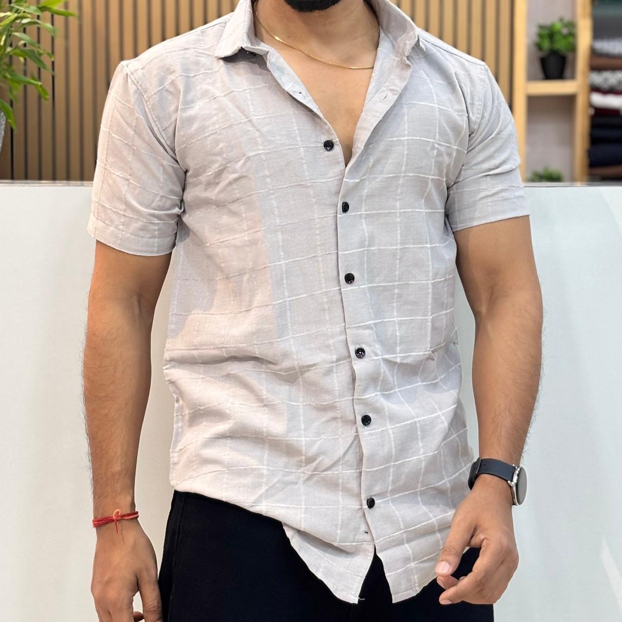 Linen Checks Half Sleeve Shirt Grey