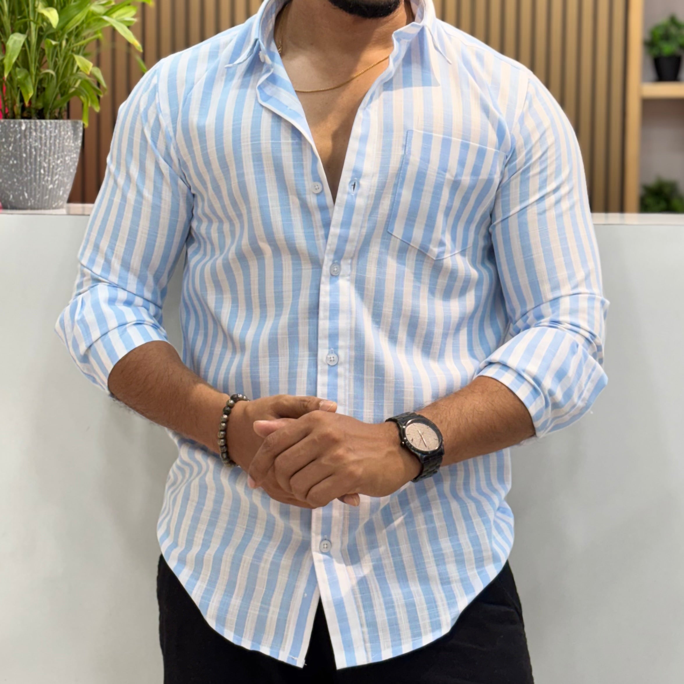 Premium Stripe Cotton Shirt - Powder Blue