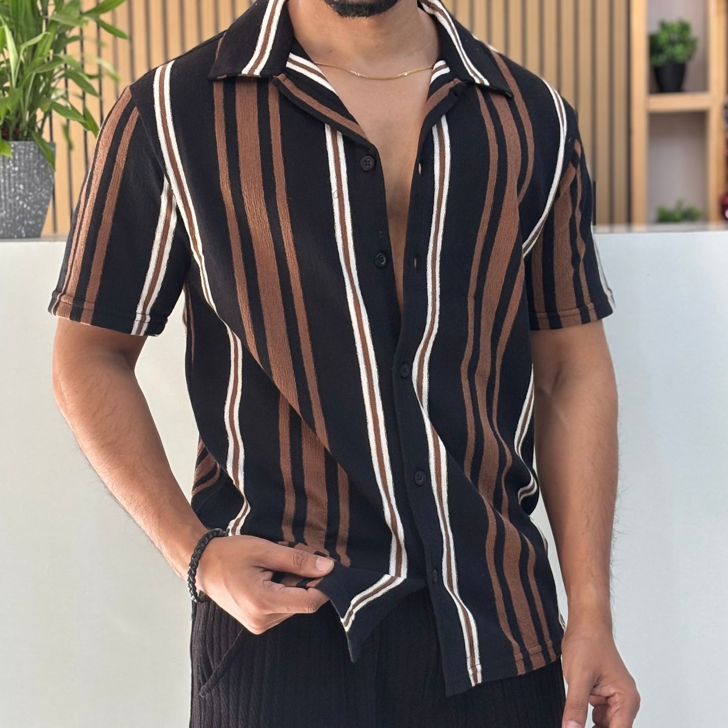 Brown & Black Striped Cuban Collar Half Sleeve Shirt