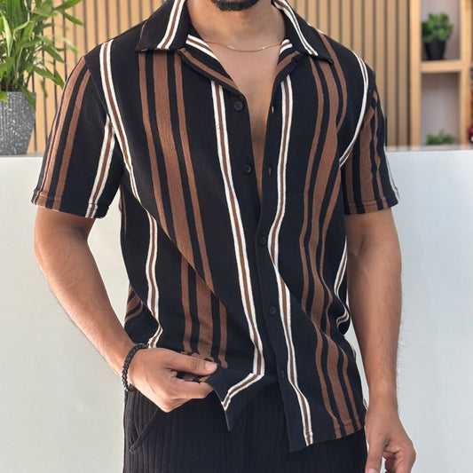 Brown & Black Striped Cuban Collar Half Sleeve Shirt