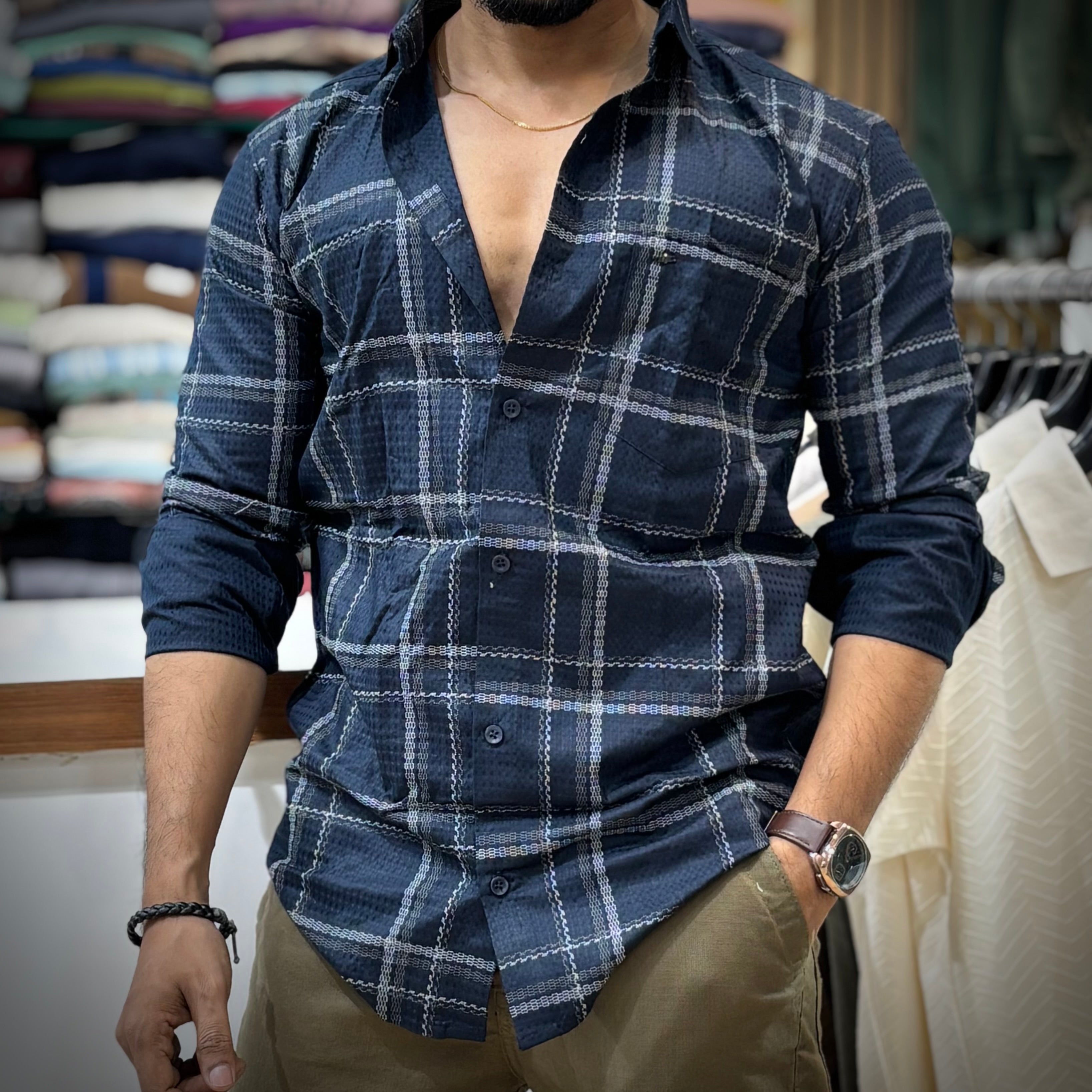 Self Texture Blue Check Shirt