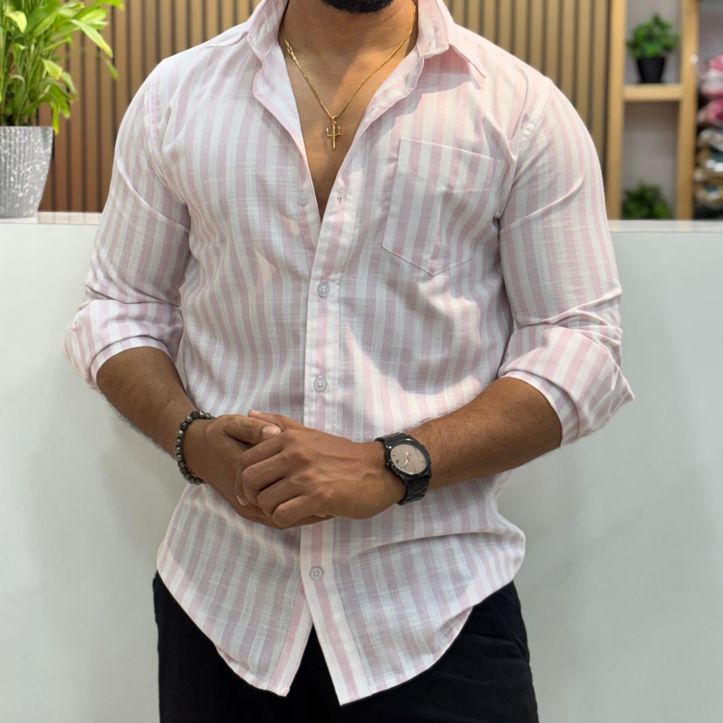 Premium Stripe Cotton Shirt - Pastel Pink