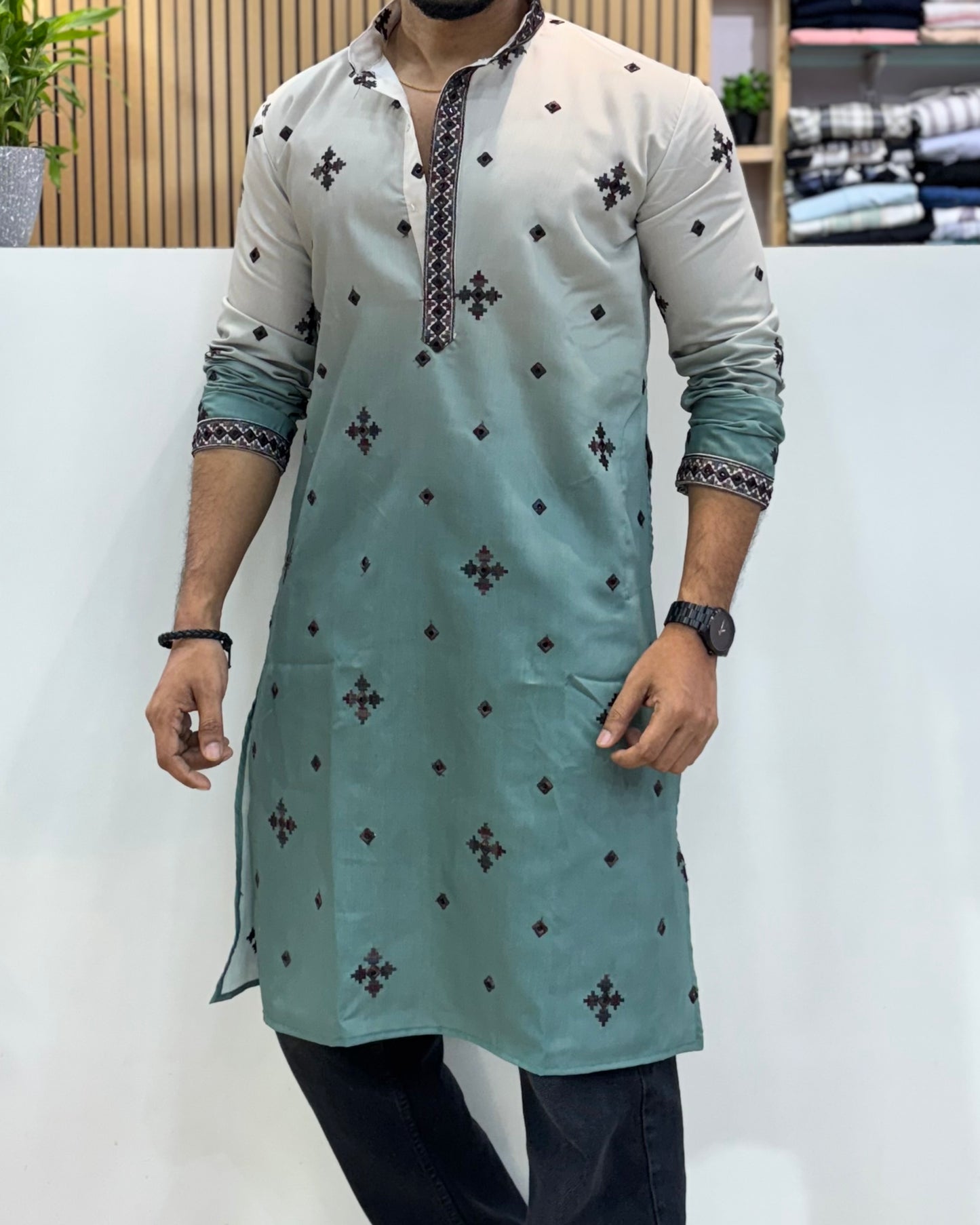 Premium Dual-Tone Embroidery Kurta Green