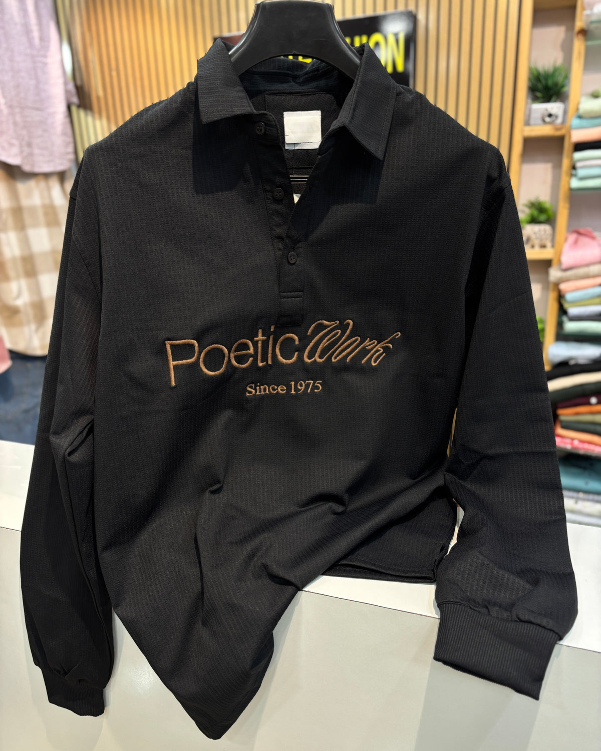 Embroidered Waffle Boxy Fit Polo - Black