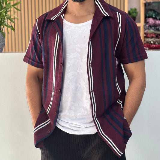 Maroon & Blue Striped Cuban Collar Half Sleeve Shirt
