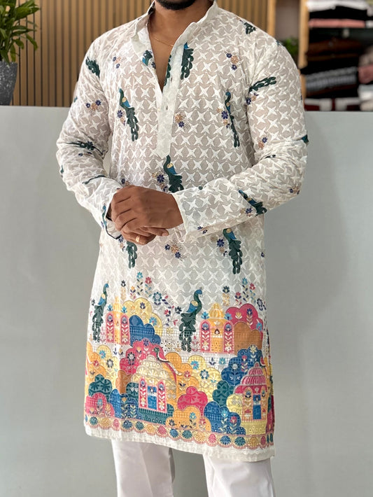 Peacock Motif Cotton Kurta With Crochet & Digital Print