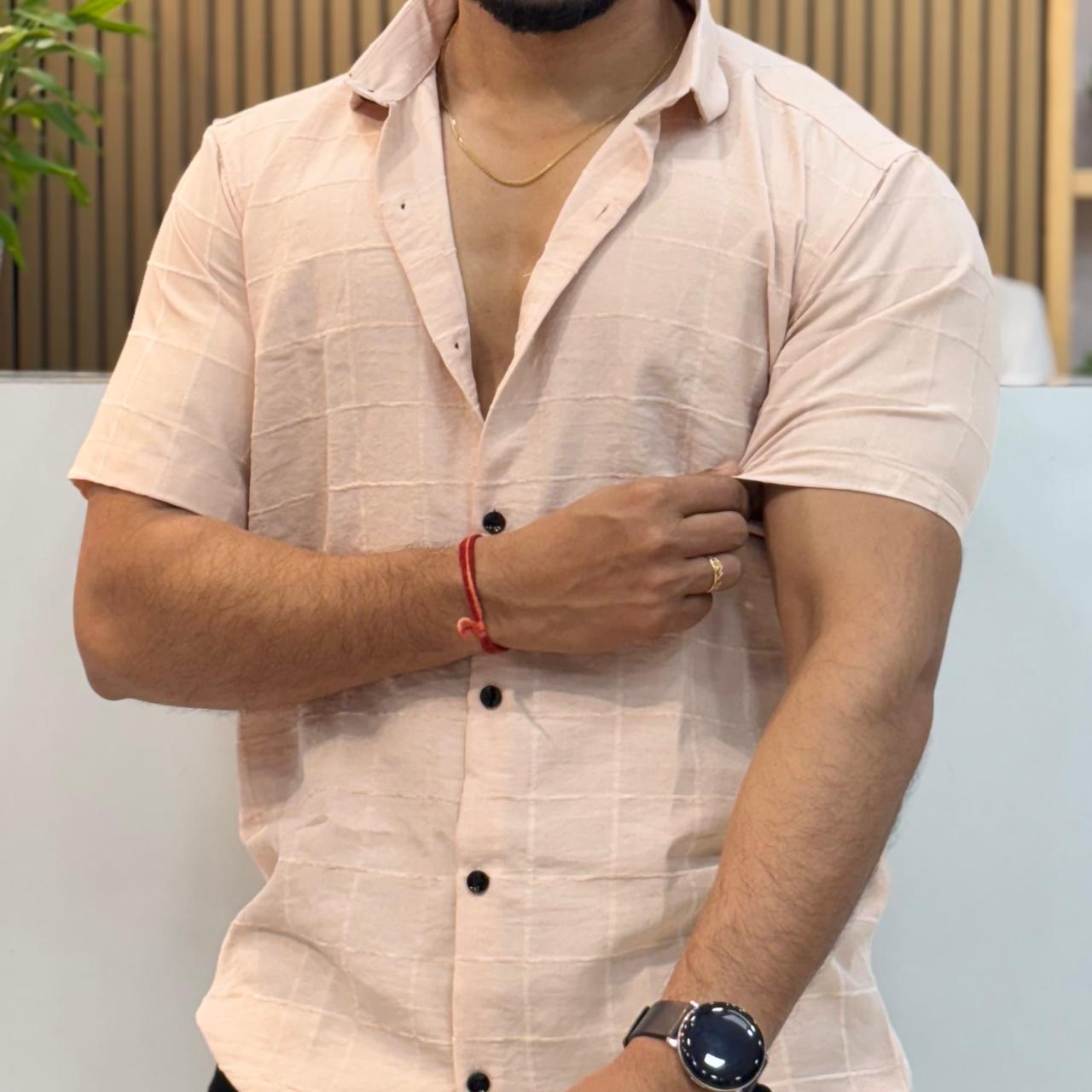 Linen Checks Half Sleeve Shirt Peach
