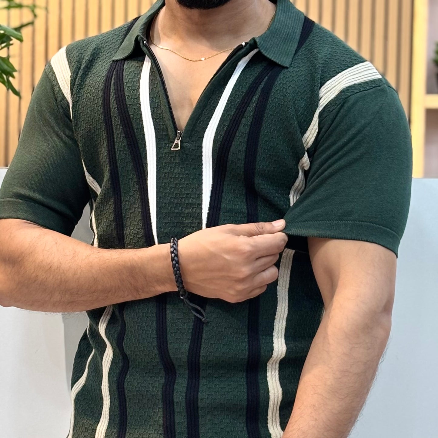 Polo Knit Cotton Blend Striped T-shirt Green