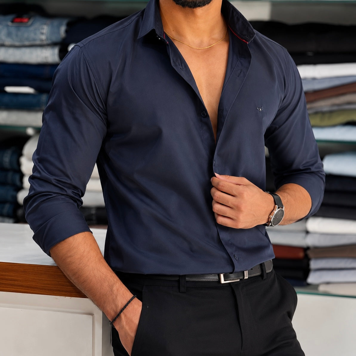 Premium Satin Solid Shirt - Midnight Navy