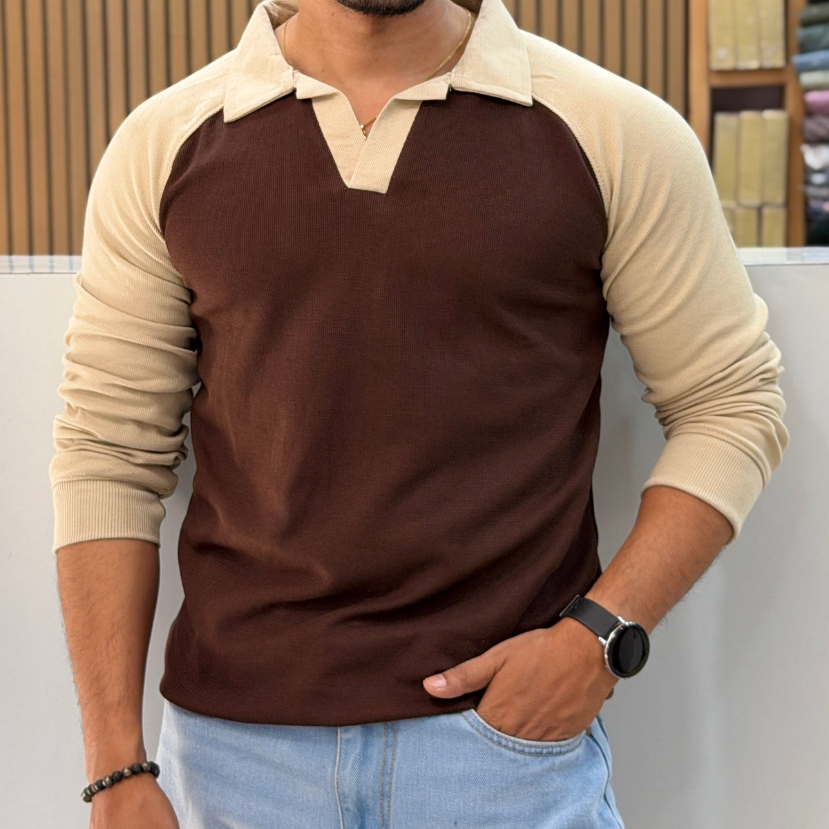Contrast Collar Polo T-Shirt - Brown