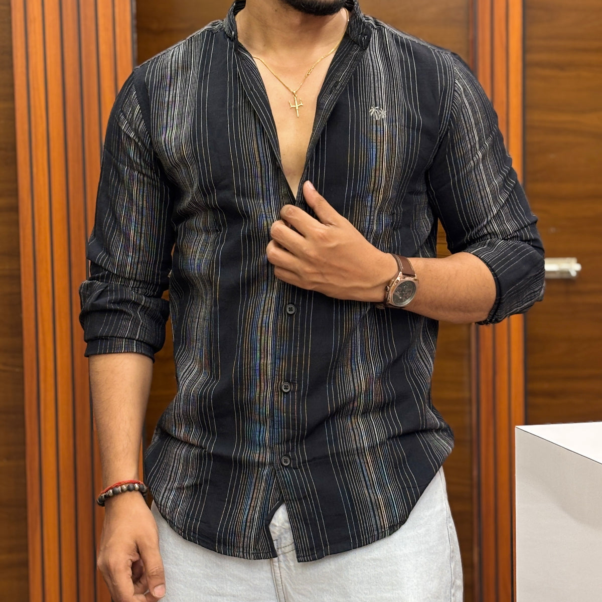 Classic Mandarin Collar Multistripe Black Shirt