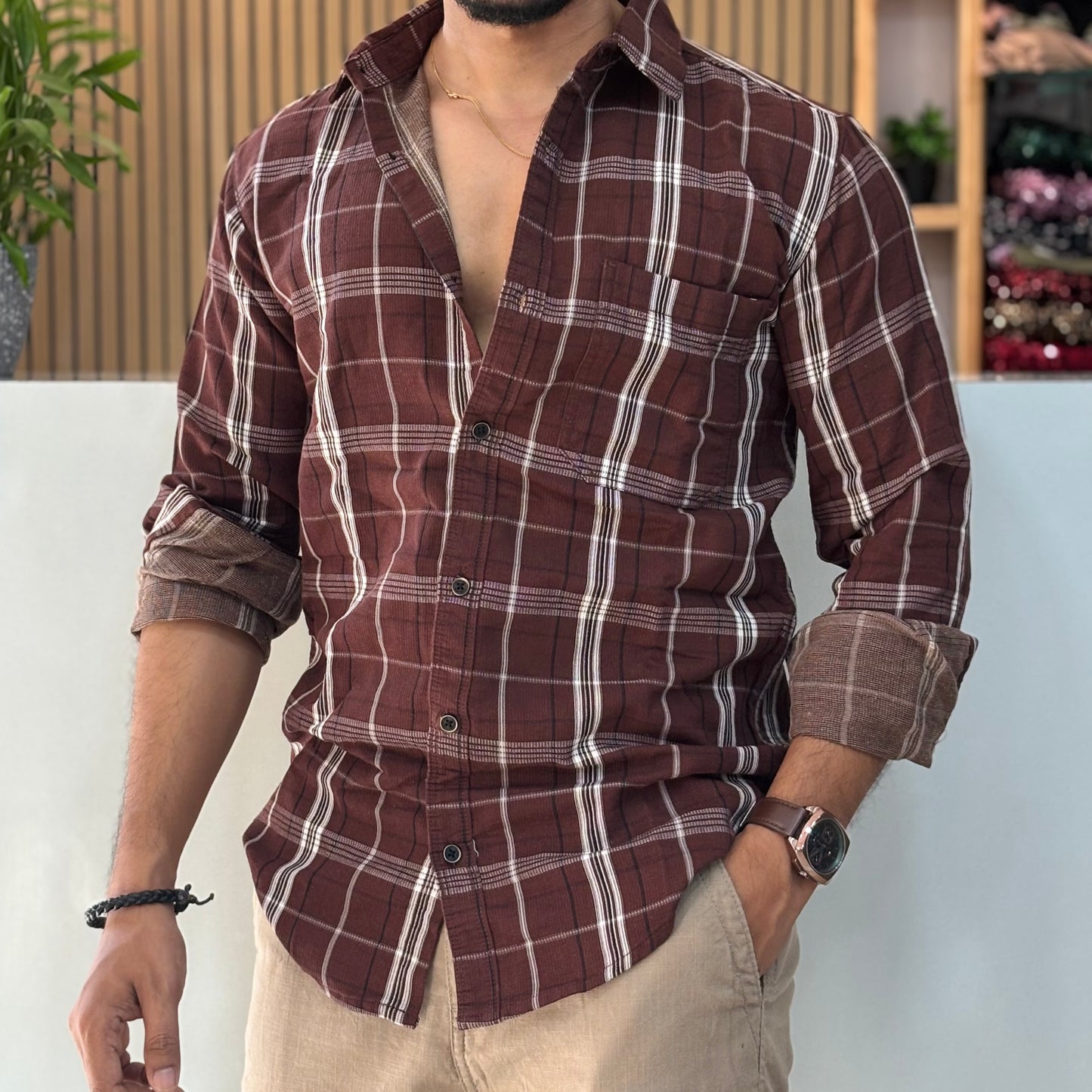 Premium Check Shirt Maroon