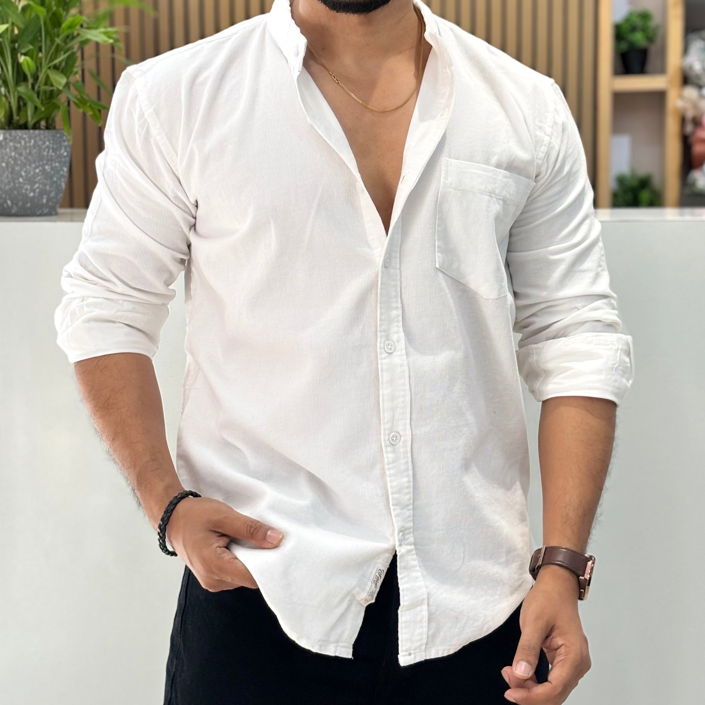 Corduroy Mandarin Collar Shirt White