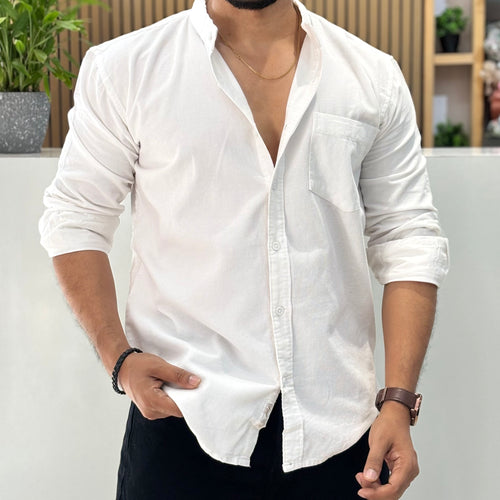 Corduroy Mandarin Collar Shirt White