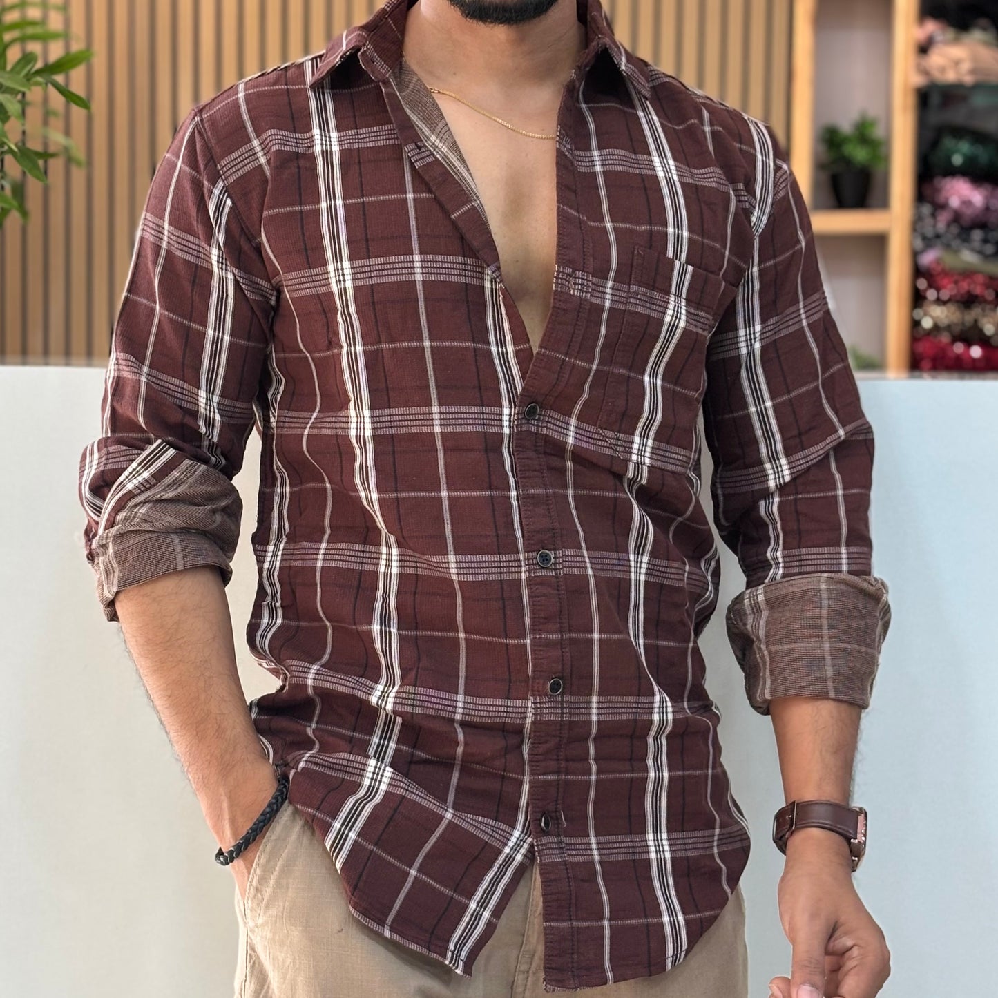 Premium Check Shirt Maroon